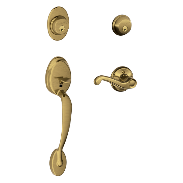 Schlage F62PLY609FLA Antique Brass Plymouth Double Cylinder Handleset with Flair Lever