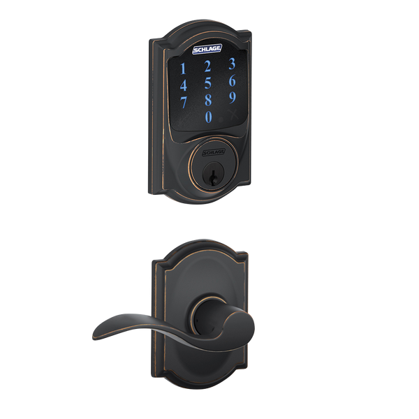 Schlage FBE468ZPCAM716ACCCAM Aged Bronze Camelot Touch Pad Electronic Deadbolt with Z-Wave Technology and Accent Lever with CAM rose