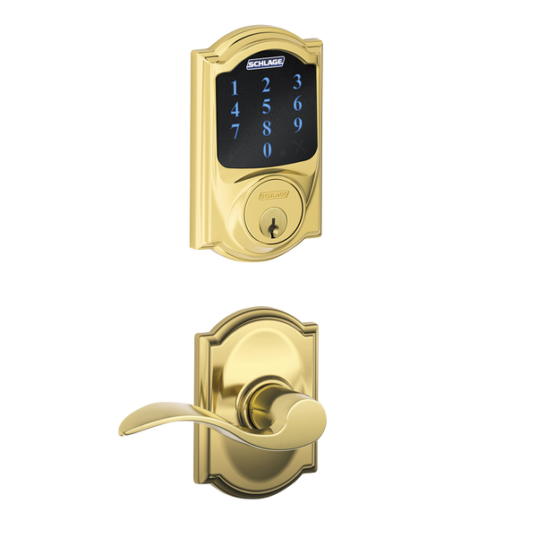 Schlage FBE469ZPCAM605ACCCAM Polished Brass Camelot Touch Pad Electronic Deadbolt with Z-Wave Technology and Accent Lever with CAM Rose