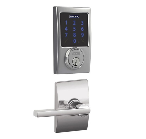 Schlage FBE469ZPCEN625LATCEN Polished Chrome Century Touch Pad Electronic Deadbolt with Z-Wave Technology and Latitude Lever with CEN Rose