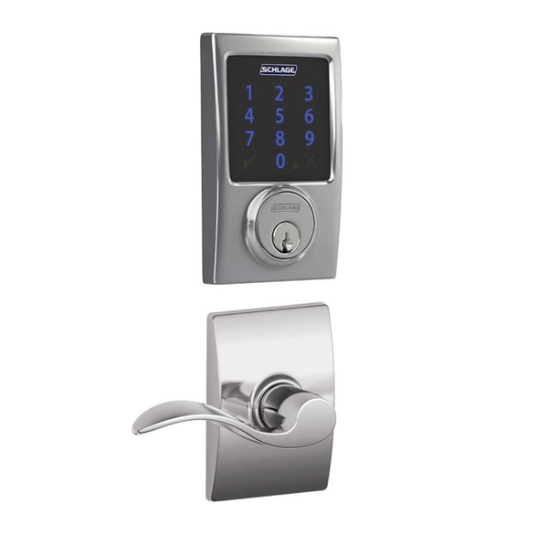 Schlage FBE468ZPCEN625ACCCEN Polished Chrome Century Touch Pad Electronic Deadbolt with Z-Wave Technology and Accent Lever with CEN Rose