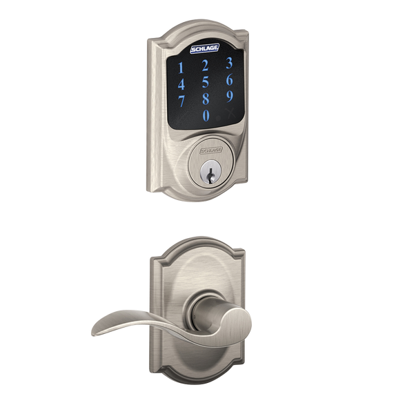 Schlage FBE468ZPCAM619ACCCAM Satin Nickel Camelot Touch Pad Electronic Deadbolt with Z-Wave Technology and Accent Lever with CAM Rose