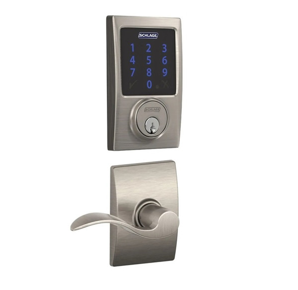 Schlage FBE469ZPCEN619ACCCEN Satin Nickel Century Touch Pad Electronic Deadbolt with Z-Wave Technology and Accent Lever with CEN Rose