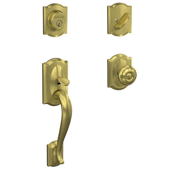 Schlage FC60CAM608GEOCAM Camelot Single Cylinder Handleset with Georgian Knob and Camelot Rose Satin Brass