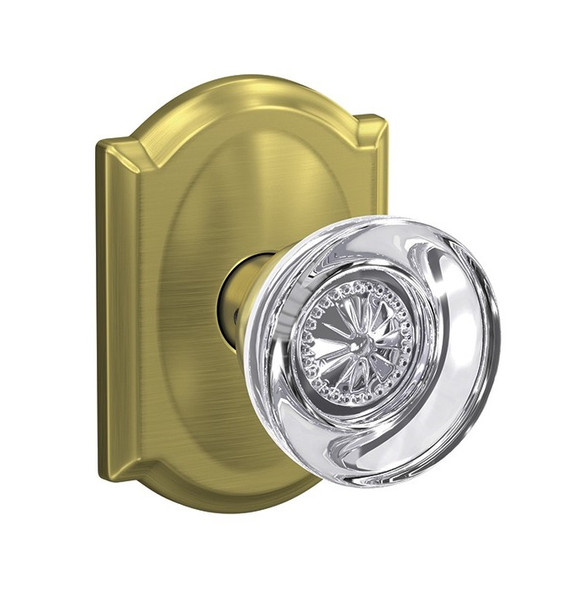 Schlage FC21HOB608CAM Hobson Knob with Camelot Rose Passage and Privacy Lock Satin Brass Finish