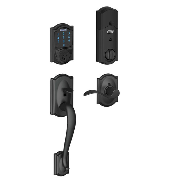 Schlage FE469ZPCAM622ACCCAM Matte Black Camelot Touch Pad Electronic Deadbolt with Z-Wave Technology and Camelot Handleset with Accent Lever and CAM Rose