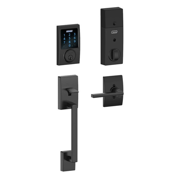 Schlage FE469ZPCEN622LATCEN Matte Black Century Touch Pad Electronic Deadbolt with Z-Wave Technology and Century Handleset with Latitude Lever and CEN rose