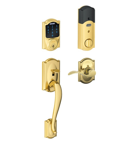 Schlage FE469ZPCAM605ACCCAM Polished Brass Camelot Touch Pad Electronic Deadbolt with Z-Wave Technology and Camelot Handleset with Accent Lever and CAM Rose