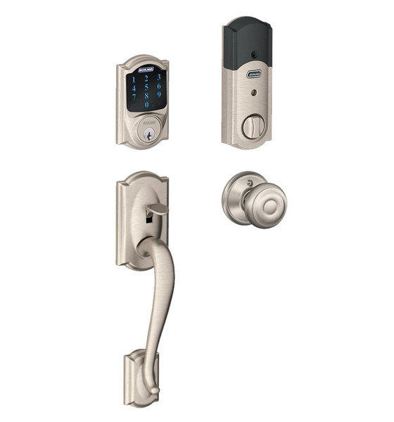 Schlage FE468ZPCAM619GEO Satin Nickel Camelot Touch Pad Electronic Deadbolt with Z-Wave Technology and Camelot Handleset with Georgian Knob