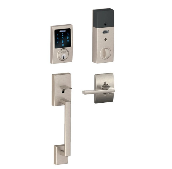 Schlage FE468ZPCEN619LATCEN Satin Nickel Century Touch Pad Electronic Deadbolt with Z-Wave Technology and Century Handleset with Latitude Lever and CEN