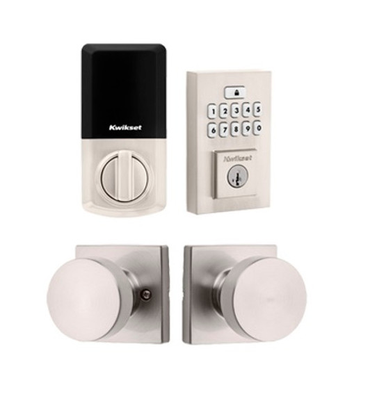 Kwikset 9260CNT-720PSKSQT-15 Contemporary SmartCode Keypad Electronic Deadbolt SmartKey with Pismo Knob and Square Rose Passage Lock Combo Satin Nickel Finish