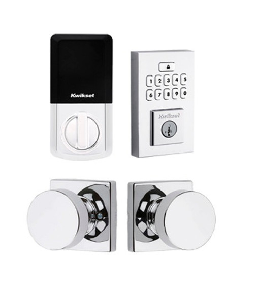 Kwikset 9260CNT-720PSKSQT-26 Contemporary SmartCode Keypad Electronic Deadbolt SmartKey with Pismo Knob and Square Rose Passage Lock Combo Polished Chrome Finish