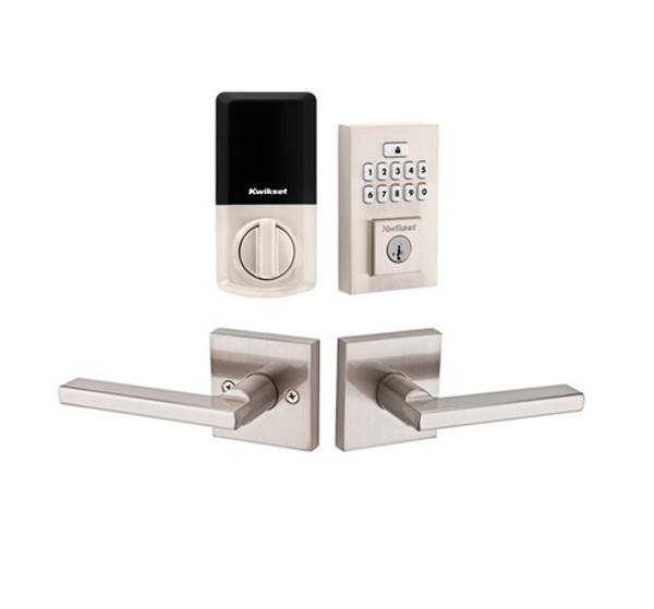 Kwikset 9260CNT-720HFLSQT-15 Contemporary SmartCode Keypad Electronic Deadbolt SmartKey with Halifax Lever with Square Rose Passage Lock Combo Satin Nickel Finish