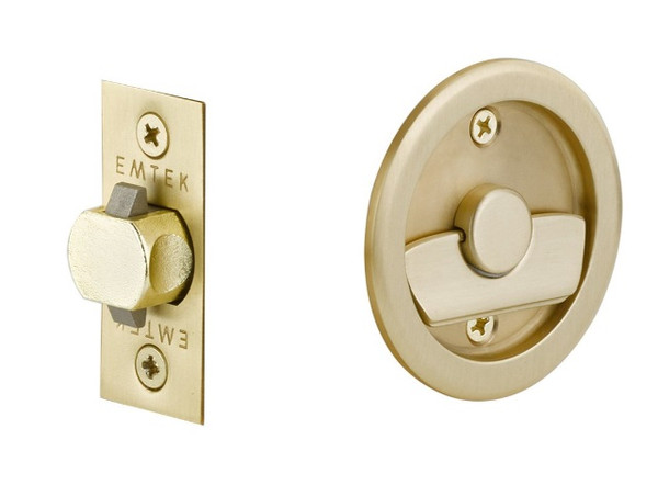 Emtek 2145US4 Round Privacy Pocket Door Tubular Lock with Privacy Strike Plate and Dust Box Satin Brass Finish