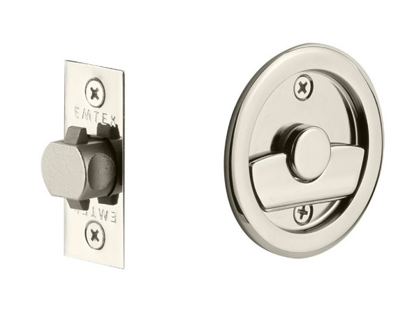 Emtek 2145US14 Round Privacy Pocket Door Tubular Lock with Privacy Strike Plate and Dust Box Polished Nickel Finish