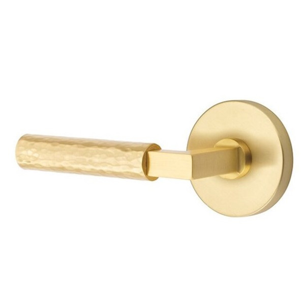 Emtek XXXX-LSHA-US4-PASS Satin Brass L-Square Hammered Passage Lever with Your Choice of Rosette