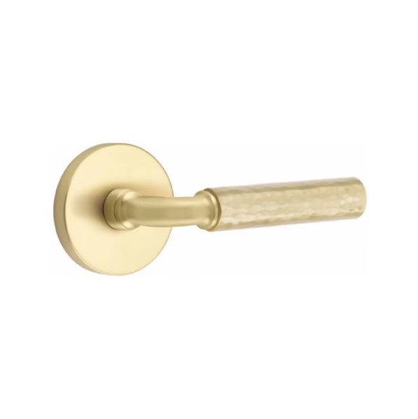 Emtek XXXX-RAHA-US4-PRIV Satin Brass R-Bar Hammered Privacy Lever with Your Choice of Rosette