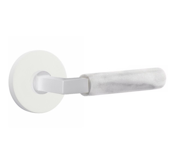 Emtek XXXX-LSMRWH-MW-PASS Matte White L-Square White Marble Passage Lever with Your Choice of Rosette