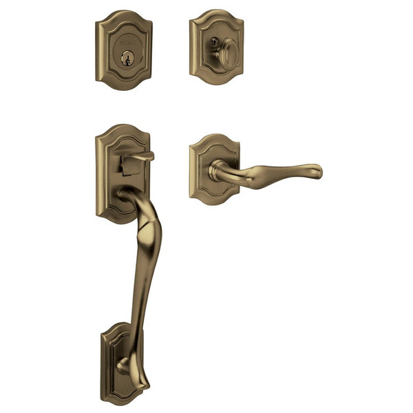 Baldwin 85327060RFD/LFD Satin Brass & Brown Dummy Bethpage Handleset with Bethpage Lever