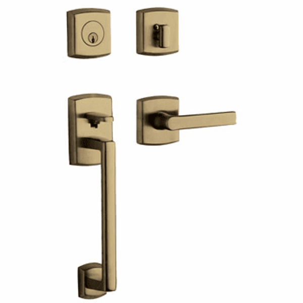 Baldwin 85386060RDBL/LDBL Satin Brass & Brown Double Cylinder Soho Handleset with Soho Lever