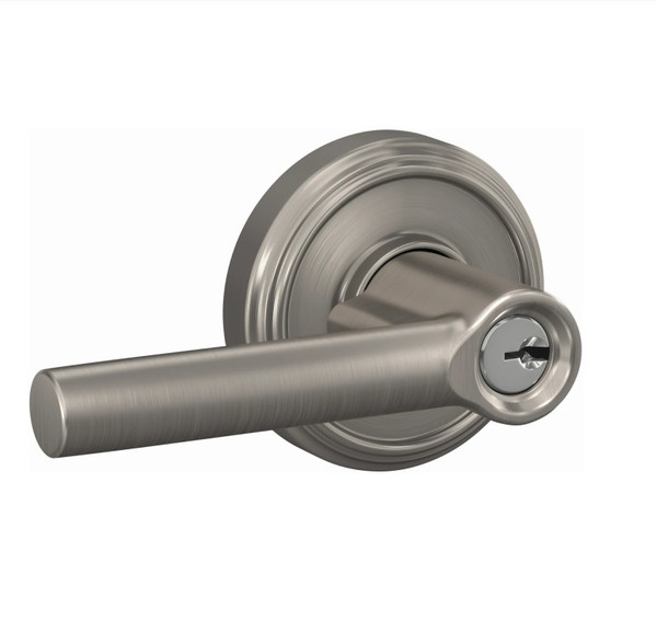 Schlage F51ABRW619IND Satin Nickel Keyed Entry Broadway Style Lever with Indy Rose