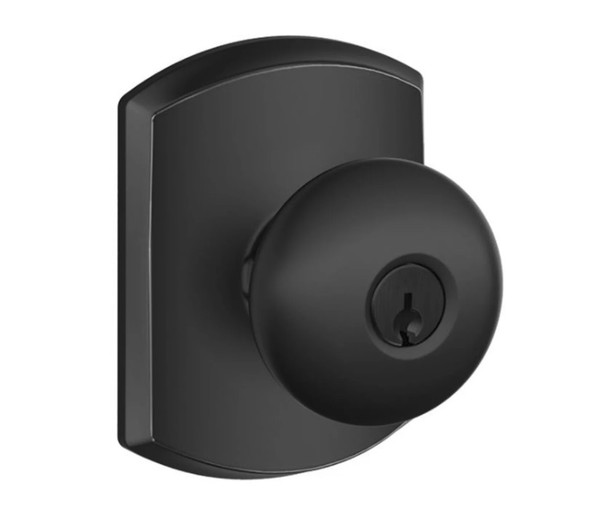 Schlage F51APLY622GRW Matte Black Keyed Entry Plymouth Style Knob with Greenwich Rose
