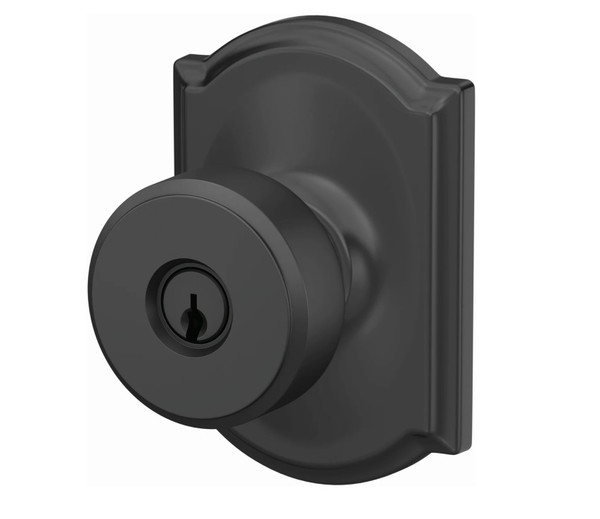 Schlage F51ASWA622CAM Matte Black Keyed Entry Swanson Style Knob with Camelot Rose