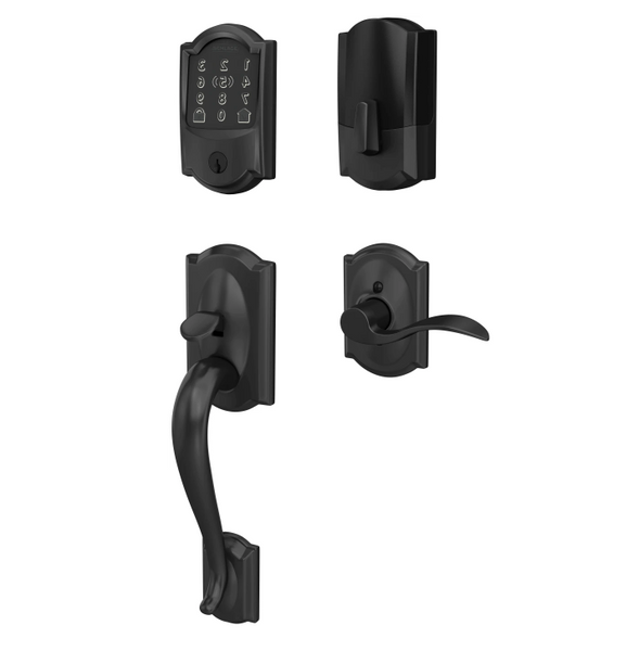 Schlage Residential BE499WBCAM622-FE285CAM622ACCCAMLH Camelot Encode Plus Smart Wifi Deadbolt with Camelot Handle Set and Camelot Rose Left Hand Matte Black Finish