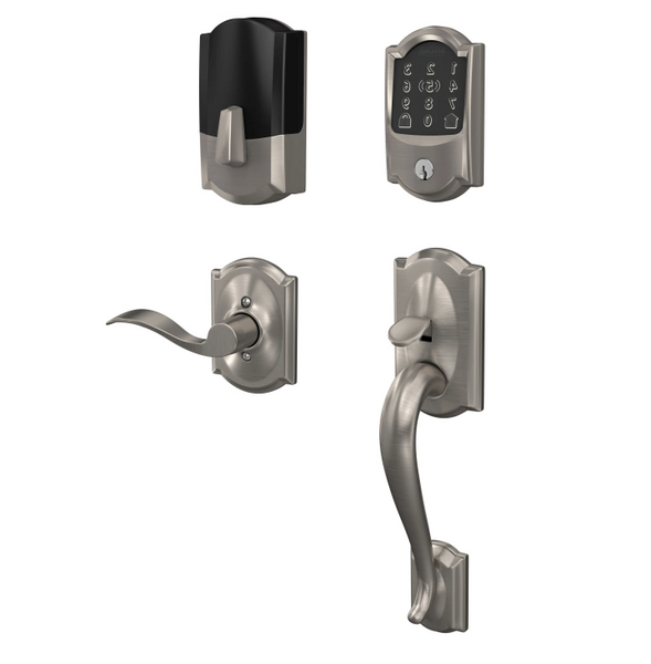 Schlage Residential BE499WBCAM619-FE285CAM619ACCCAMRH Camelot Encode Plus Smart Wifi Deadbolt with Camelot Handle Set and Camelot Rose Right Hand Satin Nickel Finish