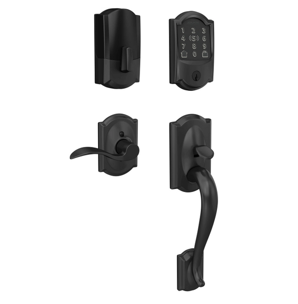 Schlage Residential BE499WBCAM622-FE285CAM622ACCCAMRH Camelot Encode Plus Smart Wifi Deadbolt with Camelot Handle Set and Camelot Rose Right Hand Matte Black Finish