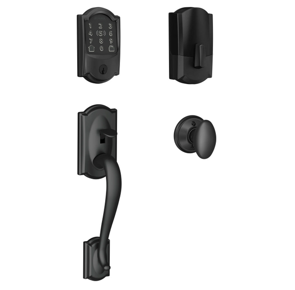 Schlage Residential BE499WBCAM622-FE285CAM622SIE Camelot Encode Plus Smart Wifi Deadbolt with Camelot Handle Set with Siena Knob Matte Black Finish