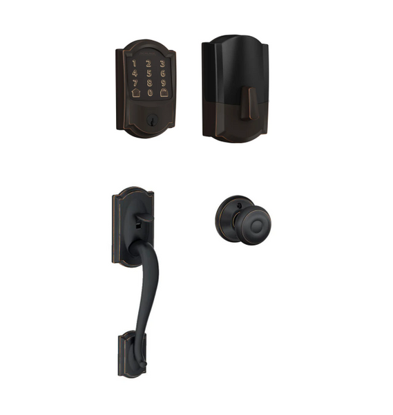 Schlage Residential BE489WBCCAM716-FE285CAM716GEO Camelot Encode Smart Wifi Deadbolt with Camelot Handle Set and Georgian Knob Aged Bronze Finish