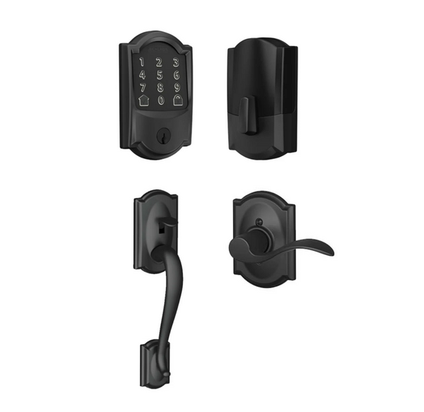 Schlage Residential BE489WBCCAM622-FE285CAM622ACCCAMLH Camelot Encode Smart Wifi Deadbolt with Camelot Handle Set and Accent Lever Left Handed Matte Black Finish