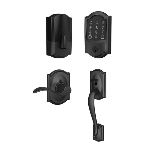 Schlage Residential BE489WBCCAM622-FE285CAM622ACCCAMRH Camelot Encode Smart Wifi Deadbolt with Camelot Handle Set and Accent Lever Right Handed Matte Black Finish