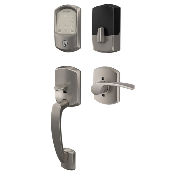 Schlage Residential BE489WBCGRW619-FE285GRW619MERGRWLH Greenwich Encode Smart Wifi Deadbolt with Greenwich Handle Set and Merano Lever Left Handed Satin Nickel Finish