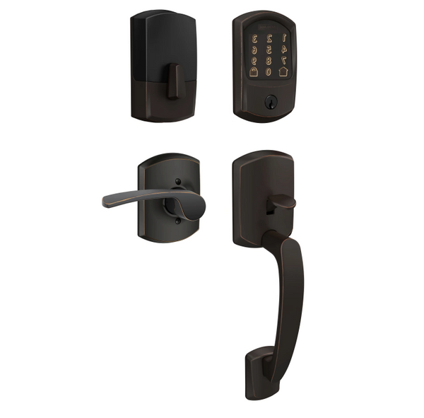 Schlage Residential BE489WBCGRW622-FE285GRW622MERGRWRH Greenwich Encode Smart Wifi Deadbolt with Greenwich Handle Set and Merano Lever Right Handed Matte Black Finish