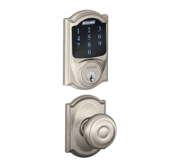 Schlage FBE469ZPCAM619GEOCAM Satin Nickel Camelot Touch Pad Electronic Deadbolt with Z-Wave Technology and Georgian Knob with CAM Rose