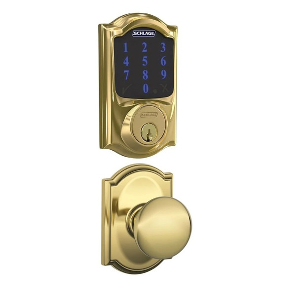 Schlage FBE469ZPCAM605PLYCAM Polished Brass Camelot Touch Pad Electronic Deadbolt with Z-Wave Technology and Plymouth Knob with CAM Rose