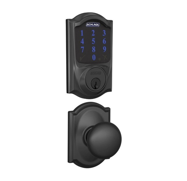 Schlage FBE469ZPCAM622PLYCAM Matte Black Camelot Touch Pad Electronic Deadbolt with Z-Wave Technology and Plymouth Knob with CAM Rose