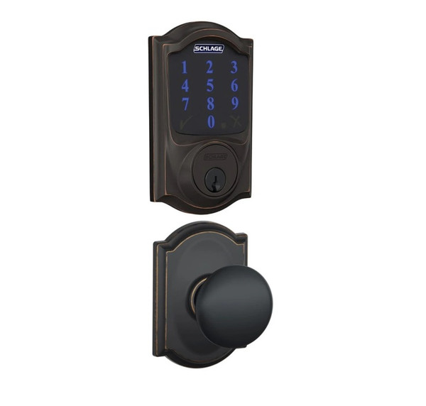 Schlage FBE469ZPCAM716PLYCAM Aged Bronze Camelot Touch Pad Electronic Deadbolt with Z-Wave Technology and Plymouth Knob with CAM Rose