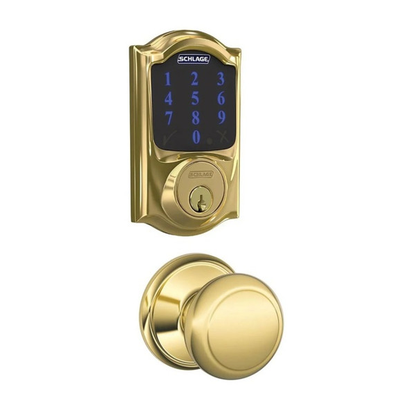 Schlage FBE469ZPCAM605AND Polished Brass Camelot Touch Pad Electronic Deadbolt with Z-Wave Technology and Andover Knob