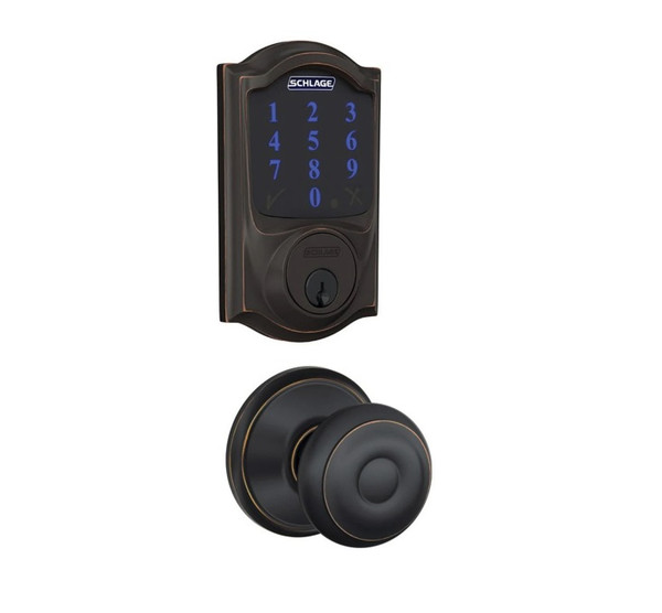 Schlage FBE469ZPCAM716GEO Aged Bronze Camelot Touch Pad Electronic Deadbolt with Z-Wave Technology and Georgian Knob