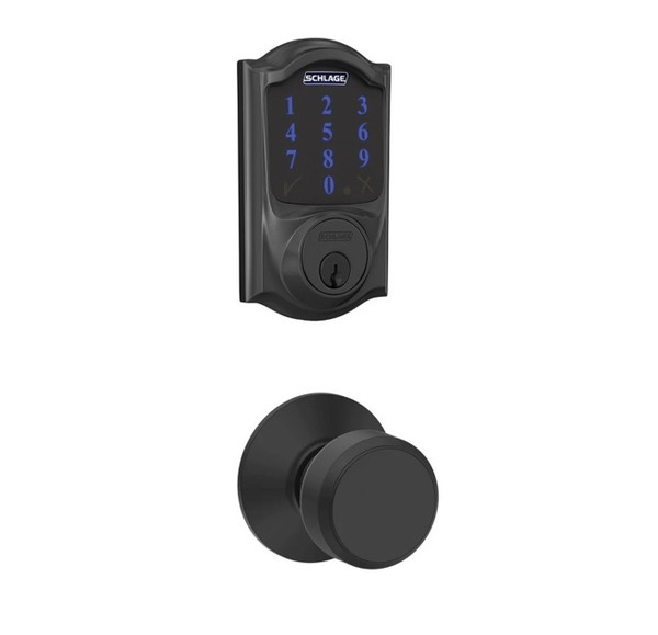 Schlage FBE469ZPCAM622BWE Matte Black Camelot Touch Pad Electronic Deadbolt with Z-Wave Technology and Bowery Knob