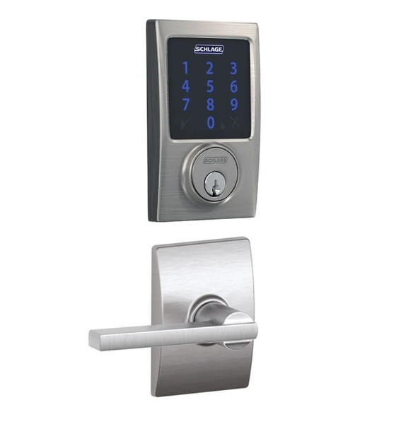 Schlage FBE469ZPCEN626LATCEN Satin Chrome Century Touch Pad Electronic Deadbolt with Z-Wave Technology and Latitude Lever with CEN Rose