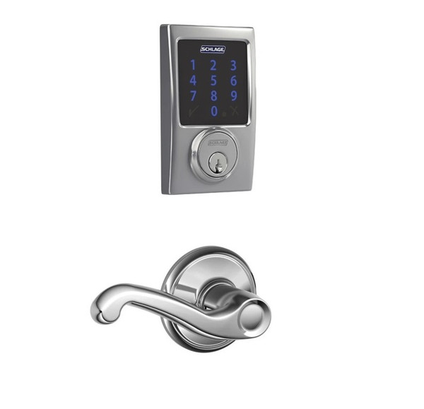 Schlage FBE469ZPCEN625FLA Polished Chrome Century Touch Pad Electronic Deadbolt with Z-Wave Technology and Flair Lever