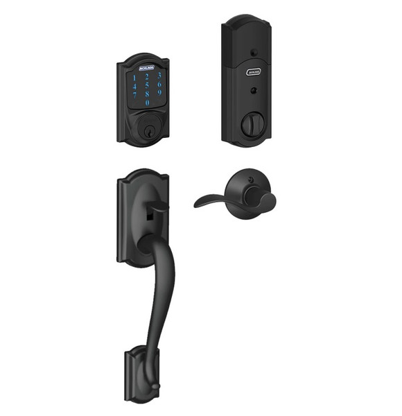 Schlage FE469ZPCAM622ACC Matte Black Camelot Touch Pad Electronic Deadbolt with Z-Wave Technology and Camelot Handleset with Accent Lever