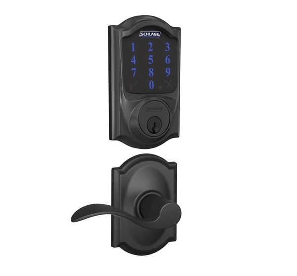 Schlage FBE468ZPCAM622ACCCAM Matte Black Camelot Touch Pad Electronic Deadbolt with Z-Wave Technology and Accent Lever with CAM Rose