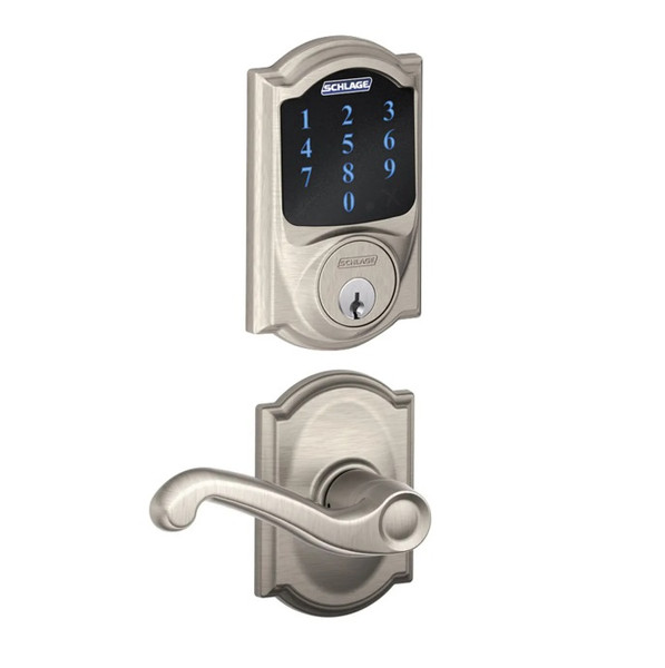 Schlage FBE468ZPCAM619FLACAM Satin Nickel Camelot Touch Pad Electronic Deadbolt with Z-Wave Technology and Flair Lever with CAM Rose