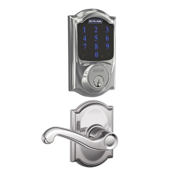 Schlage FBE468ZPCAM625FLACAM Polished Chrome Camelot Touch Pad Electronic Deadbolt with Z-Wave Technology and Flair Lever with CAM Rose