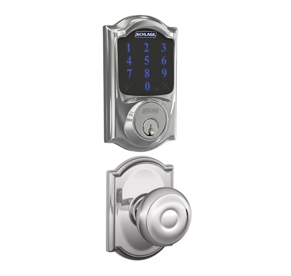 Schlage FBE468ZPCAM625GEOCAM Polished Chrome Camelot Touch Pad Electronic Deadbolt with Z-Wave Technology and Georgian Knob with CAM Rose